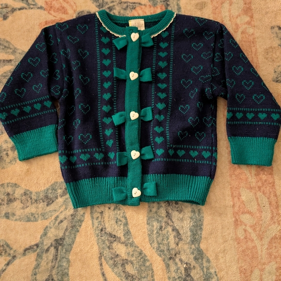 vintage Other - Vintage Cottage Core Green and Navy Heart Kids Sweater With Bow Detail